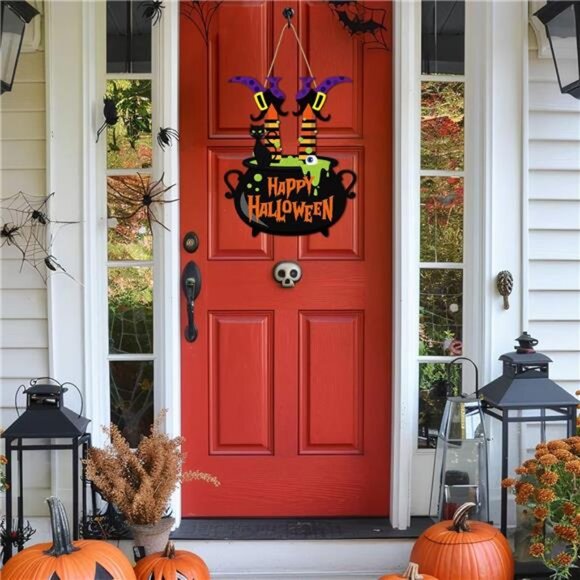 Halloween Witch Door Sign Happy Halloween Wooden Sign Plaque Witch Leg Front - Picture 5 of 8